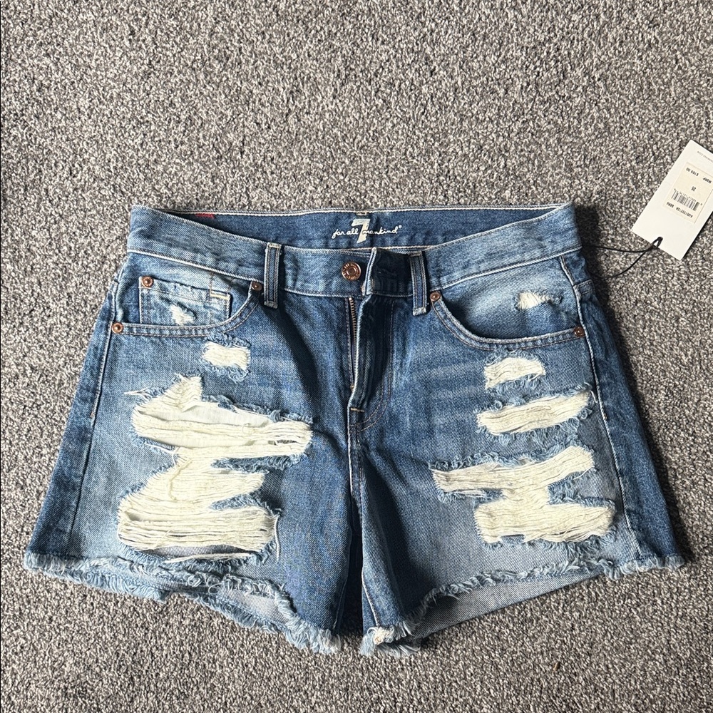 7 For All Mankind Blue Distressed Jean Shorts - Picture 2 of 3